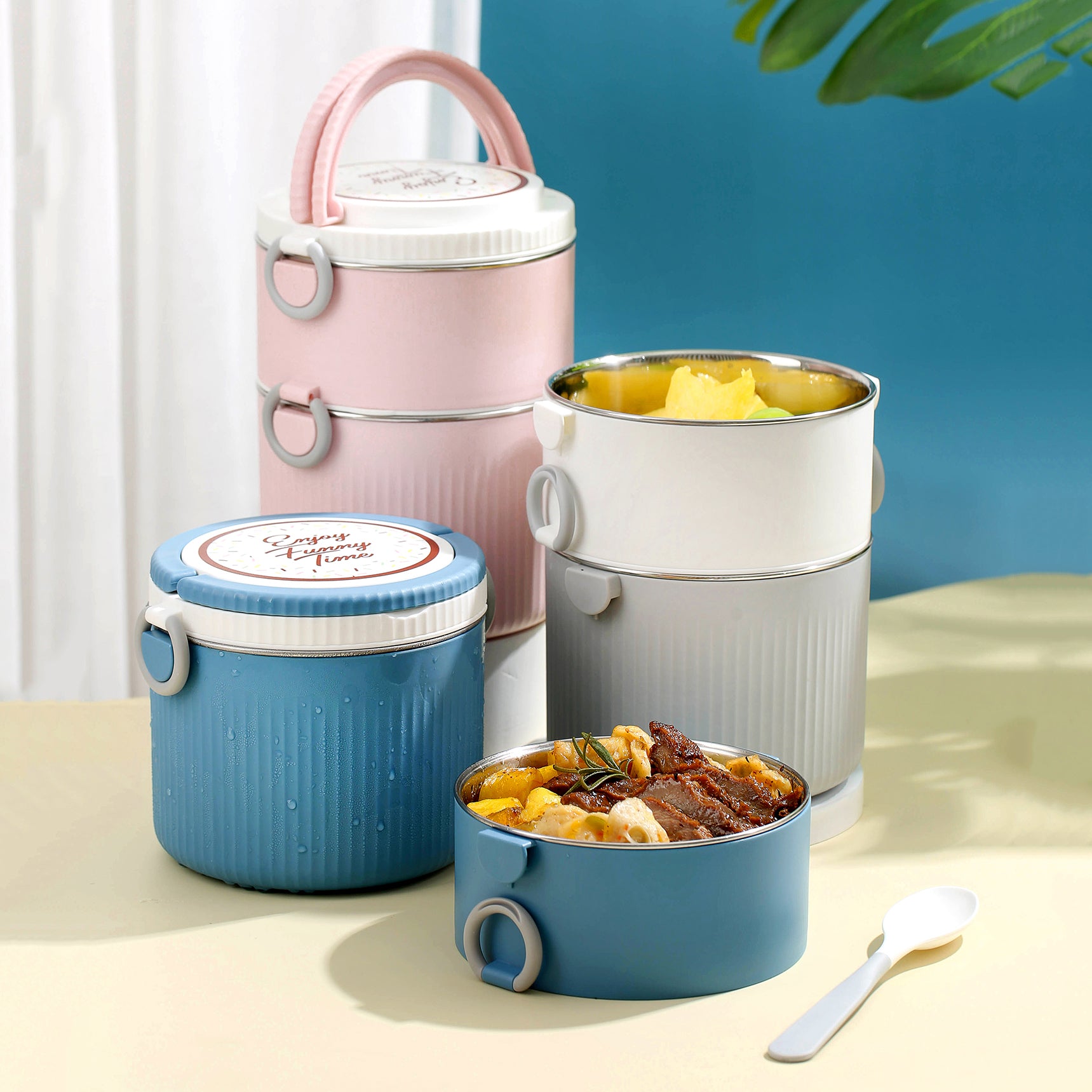 Double Layer Stainess Steel Lunch Box With Spoon Food Fresh Storage Jar Container Stackable Kid School Office Picnic