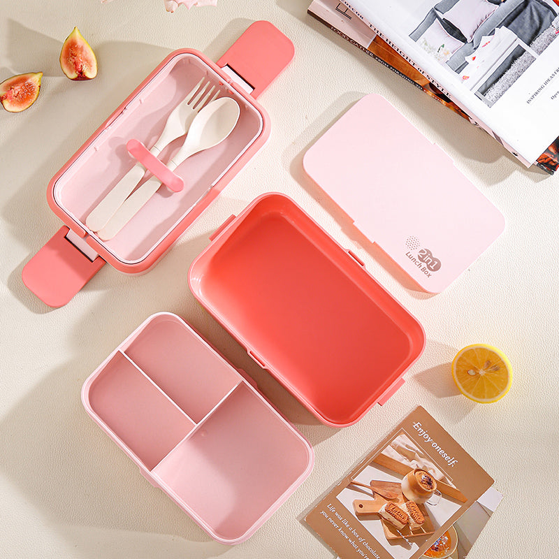 Bamboo Fiber Lunch BOX Double Layer 3 in 1 Pink Red Girl Bento BOX
