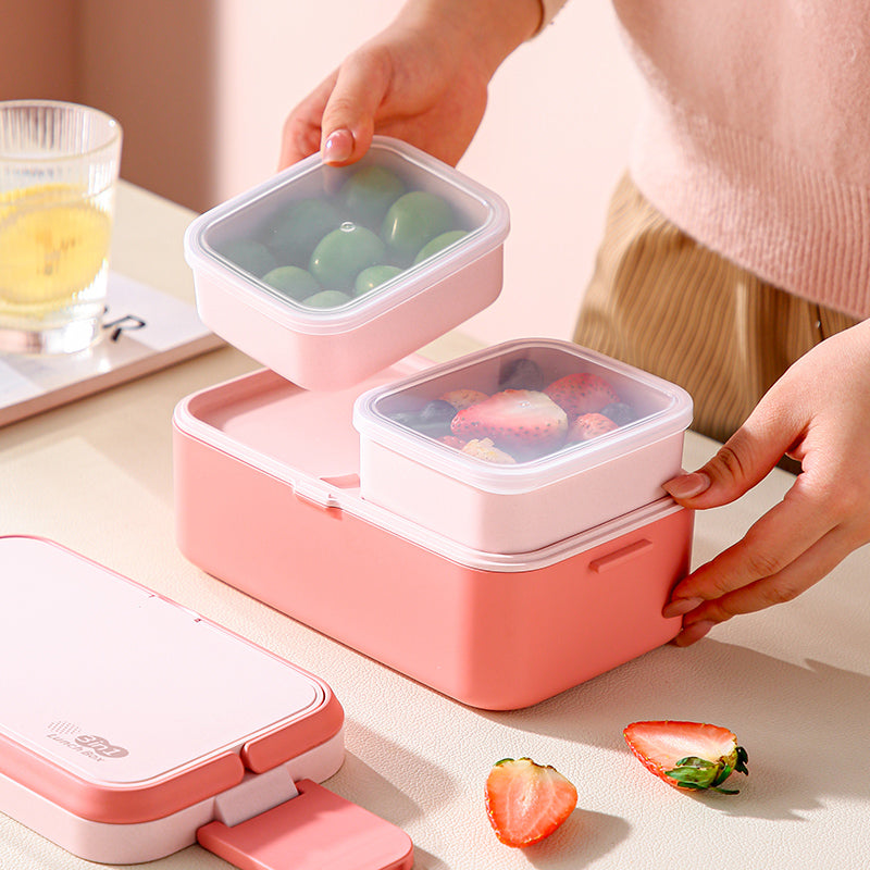 Bamboo Fiber Lunch BOX Double Layer 3 in 1 Pink Red Girl Bento BOX
