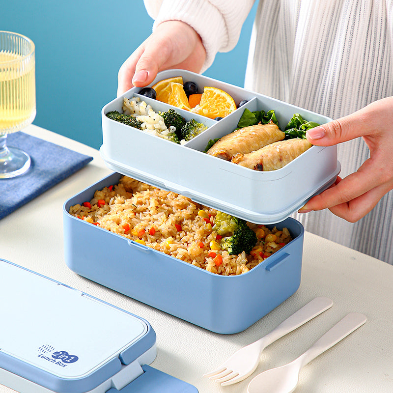 Double Layer Blue Picnic Lunch Box Bamboo Fiber Bento Box