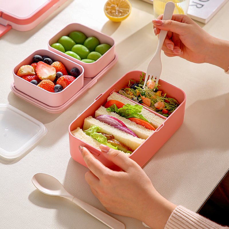 Bamboo Fiber Lunch BOX Double Layer 3 in 1 Pink Red Girl Bento BOX