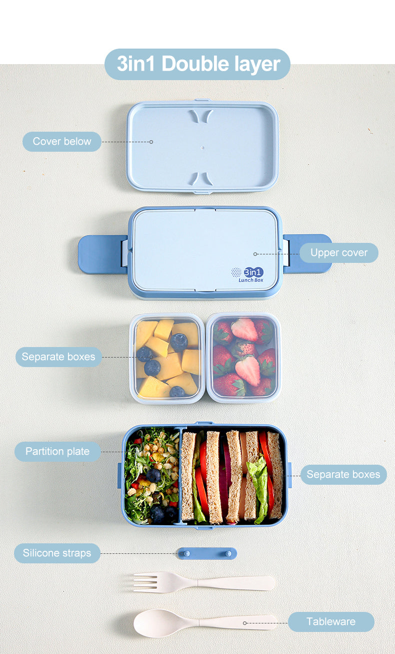 Double Layer Blue Picnic Lunch Box Bamboo Fiber Bento Box