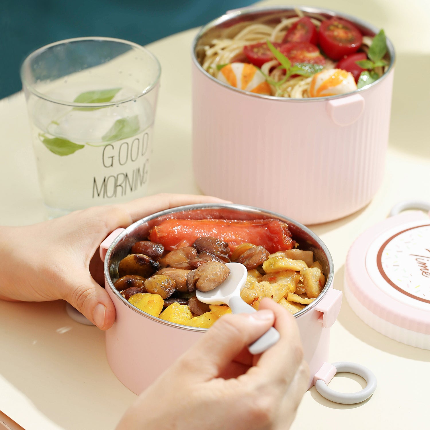 Double Layer Stainess Steel Lunch Box With Spoon Food Fresh Storage Jar Container Stackable Kid School Office Picnic