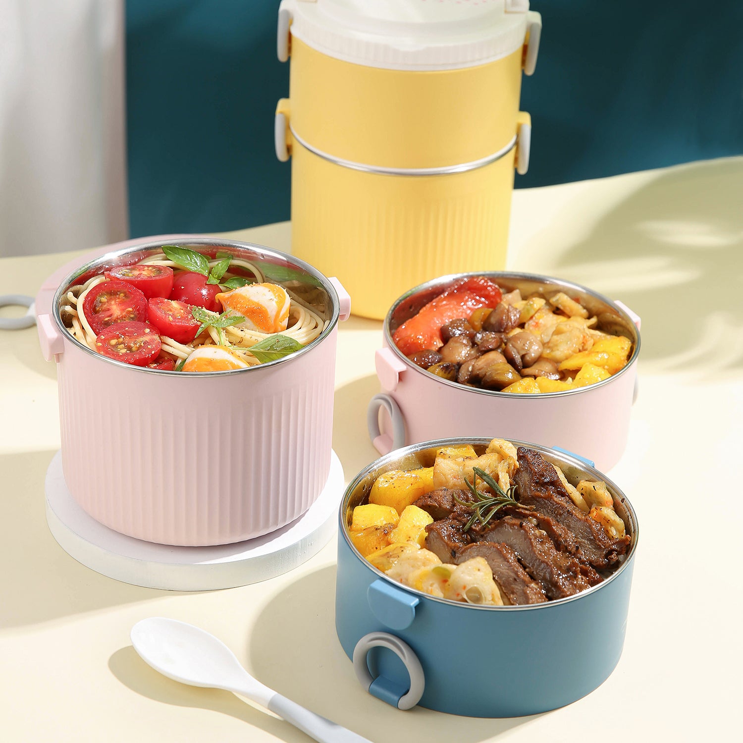 Double Layer Stainess Steel Lunch Box With Spoon Food Fresh Storage Jar Container Stackable Kid School Office Picnic