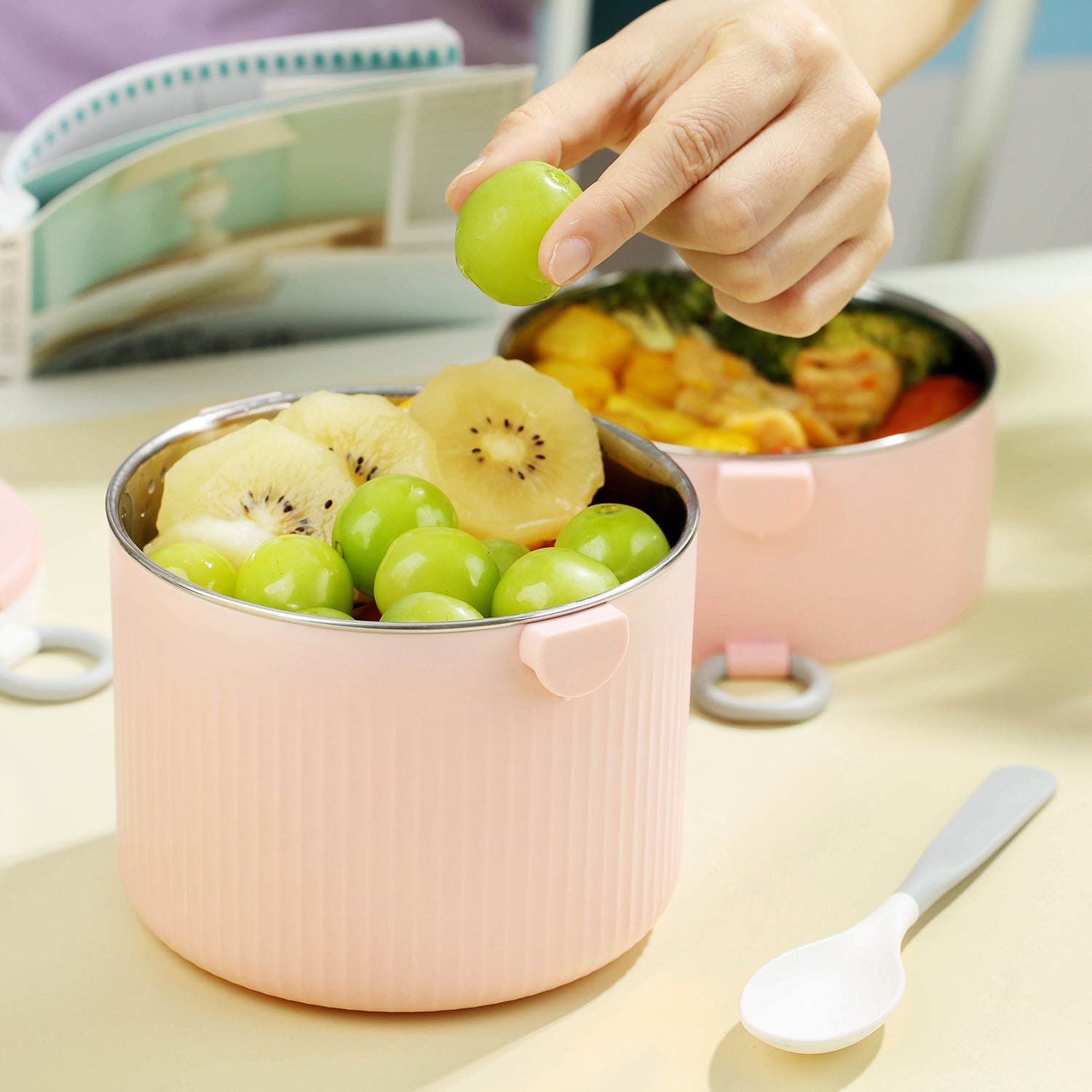 Double Layer Stainess Steel Lunch Box With Spoon Food Fresh Storage Jar Container Stackable Kid School Office Picnic