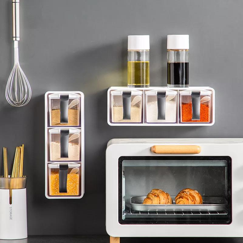 Wall Hanging Spice Rack Organizer Seasoning Box with Spoon Household Kitchen Sugar Bowl Salt Shaker Seasoning Storage Container Set