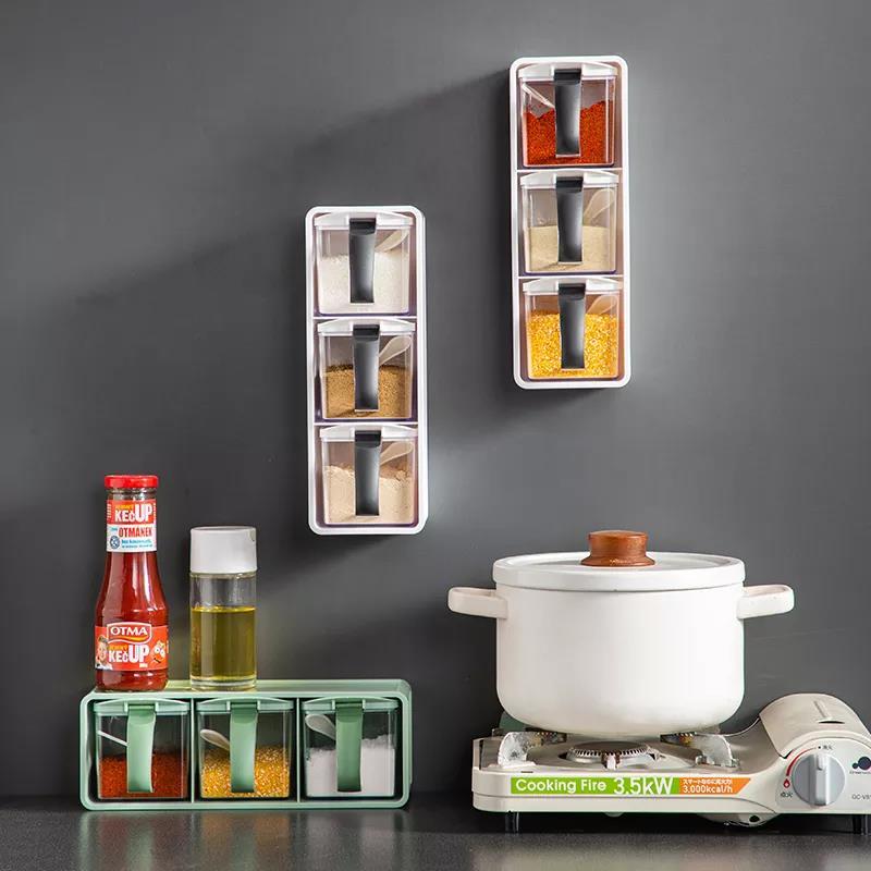 Wall Hanging Spice Rack Organizer Seasoning Box with Spoon Household Kitchen Sugar Bowl Salt Shaker Seasoning Storage Container Set