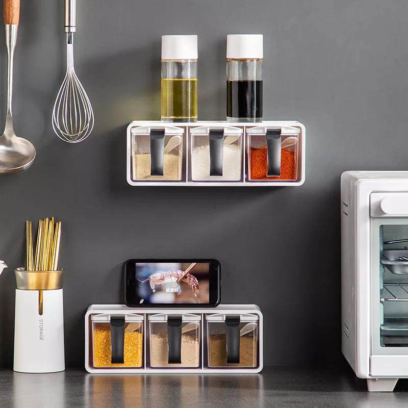 Wall Hanging Spice Rack Organizer Seasoning Box with Spoon Household Kitchen Sugar Bowl Salt Shaker Seasoning Storage Container Set