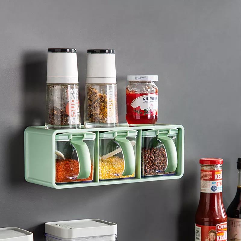 Wall Hanging Spice Rack Organizer Seasoning Box with Spoon Household Kitchen Sugar Bowl Salt Shaker Seasoning Storage Container Set
