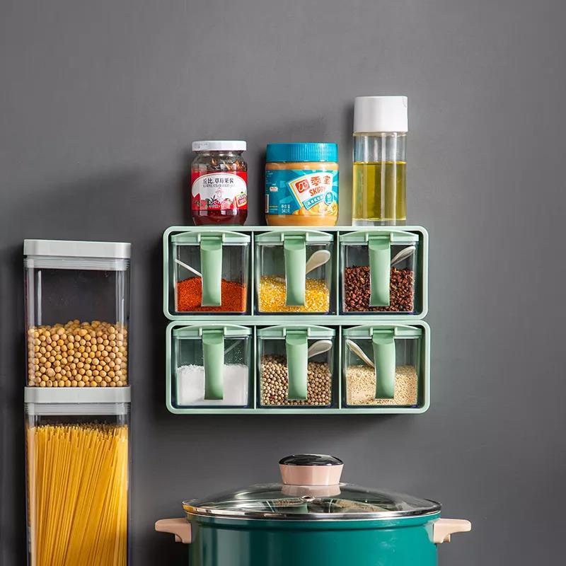Wall Hanging Spice Rack Organizer Seasoning Box with Spoon Household Kitchen Sugar Bowl Salt Shaker Seasoning Storage Container Set