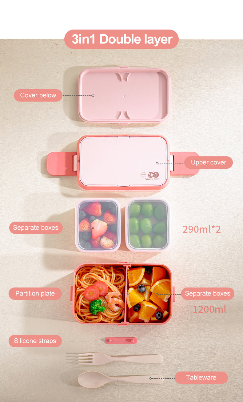 Bamboo Fiber Lunch BOX Double Layer 3 in 1 Pink Red Girl Bento BOX