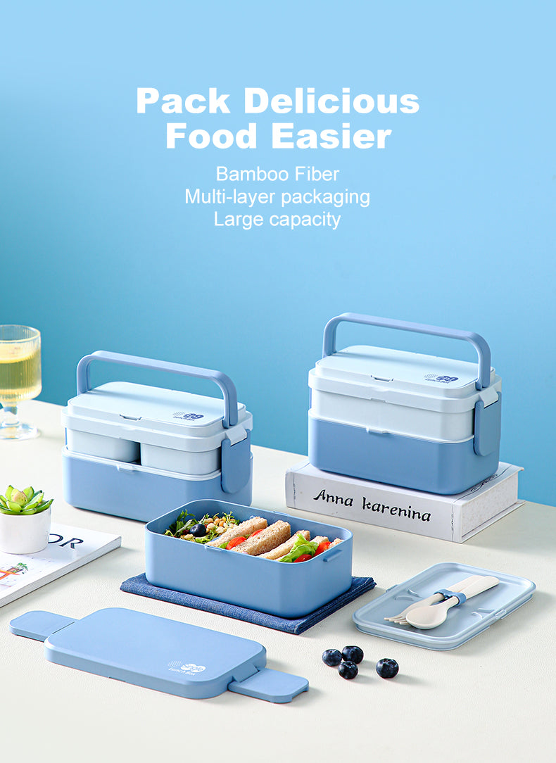 Double Layer Blue Picnic Lunch Box Bamboo Fiber Bento Box