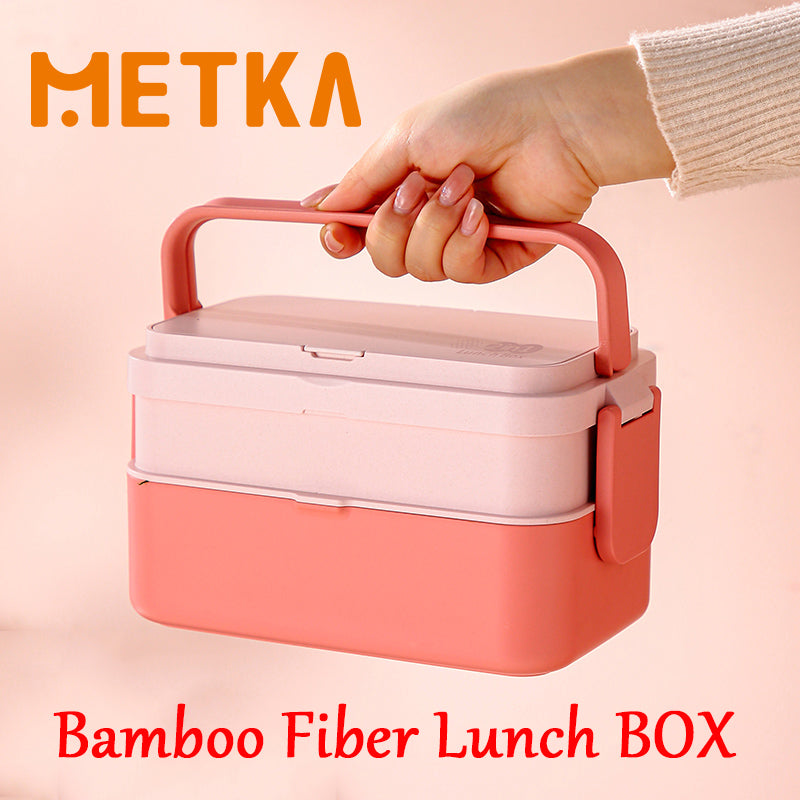 Bamboo Fiber Lunch BOX Double Layer 3 in 1 Pink Red Girl Bento BOX