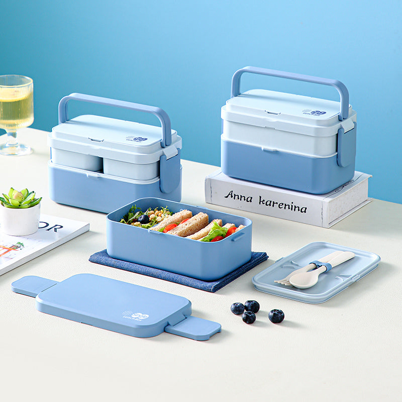 Double Layer Blue Picnic Lunch Box Bamboo Fiber Bento Box