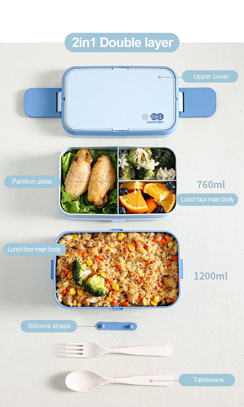 Double Layer Blue Picnic Lunch Box Bamboo Fiber Bento Box